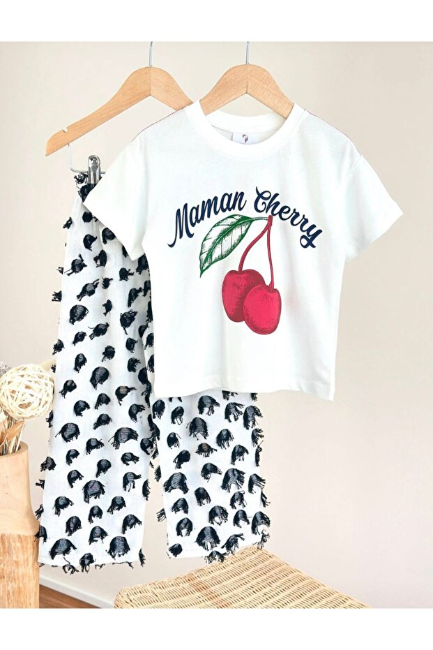 Cherry Printed T-Shirt and Muslin Trousers Two-Piece Set