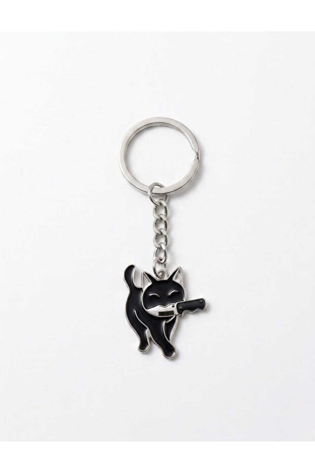 Gothic Unisex Keychain with Black Cat Figure and Knife