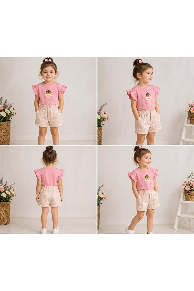 Girls' Striped Denim Shorts Ice Cream Sequin Embroidered Bottom Top Set