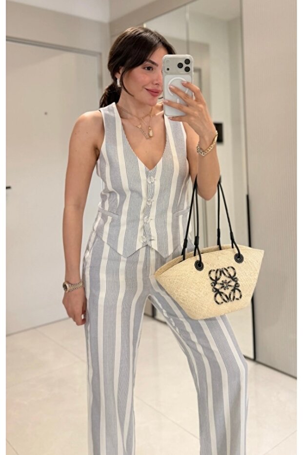 Women's Gray Striped Premium Vest and Pants Set