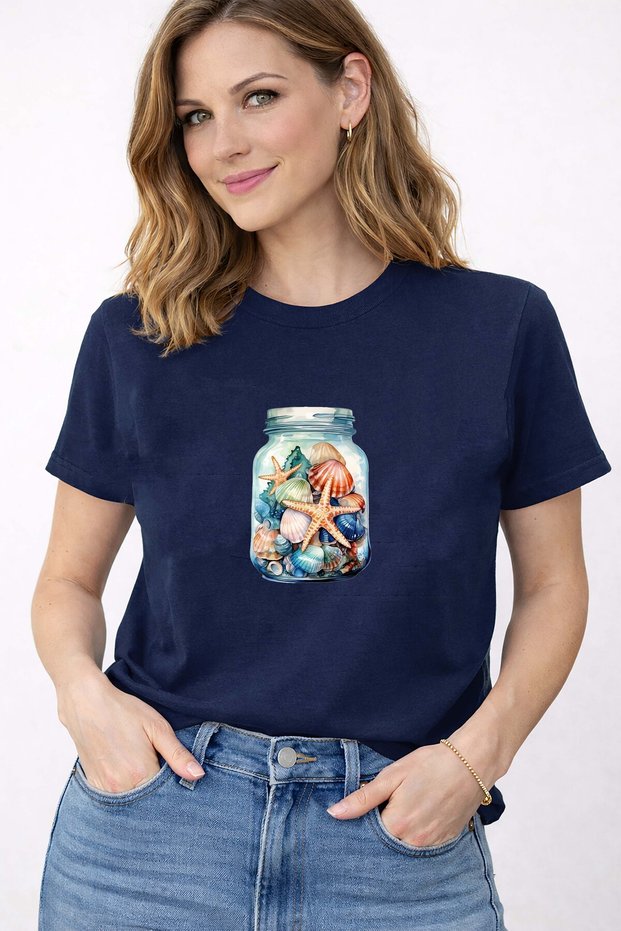 Women's Summer Sea-Themed Print Detailed Crew Neck Cotton T-Shirt