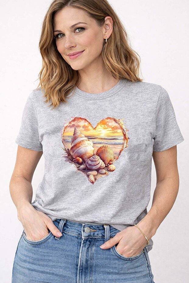 Sunset Love Sea Theme Print Detailed Crew Neck Cotton Basic T-Shirt