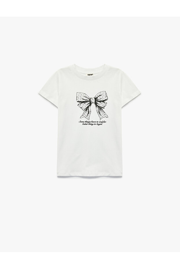 Bow Print Crew Neck Short Sleeve Cotton T-Shirt