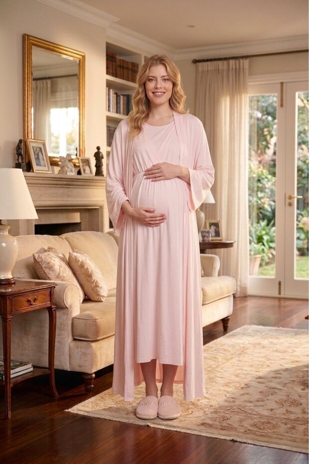 New Season Pink Summer Flounced Short Sleeve Special Design Full Length Maternity Nightgown Set