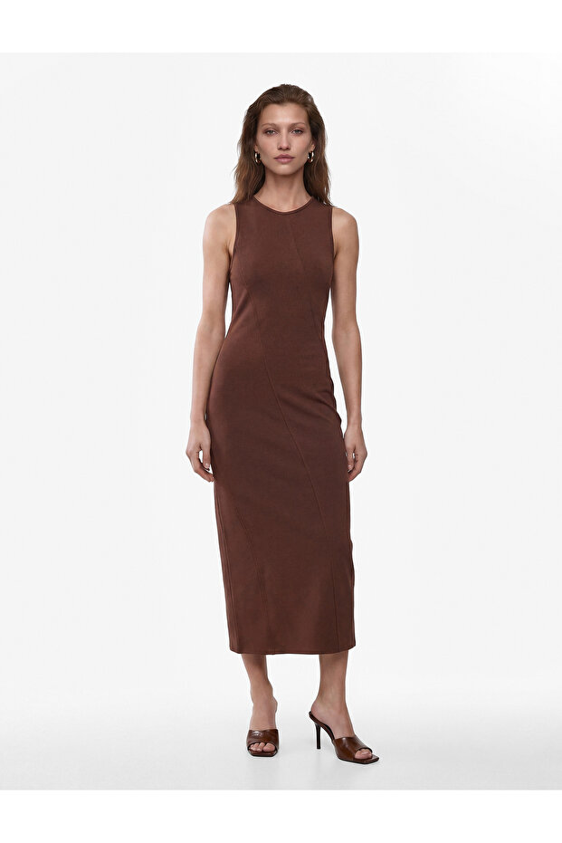 Viscose Blend Slim Fit Slit Sleeveless Crew Neck Bodycon Pencil Long Dress