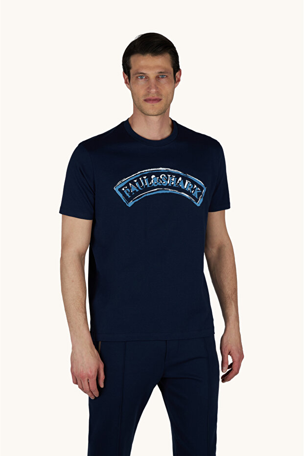Men's Regular Fit Cotton Round Neck Printed Short Sleeve Navy Blue T-Shirt