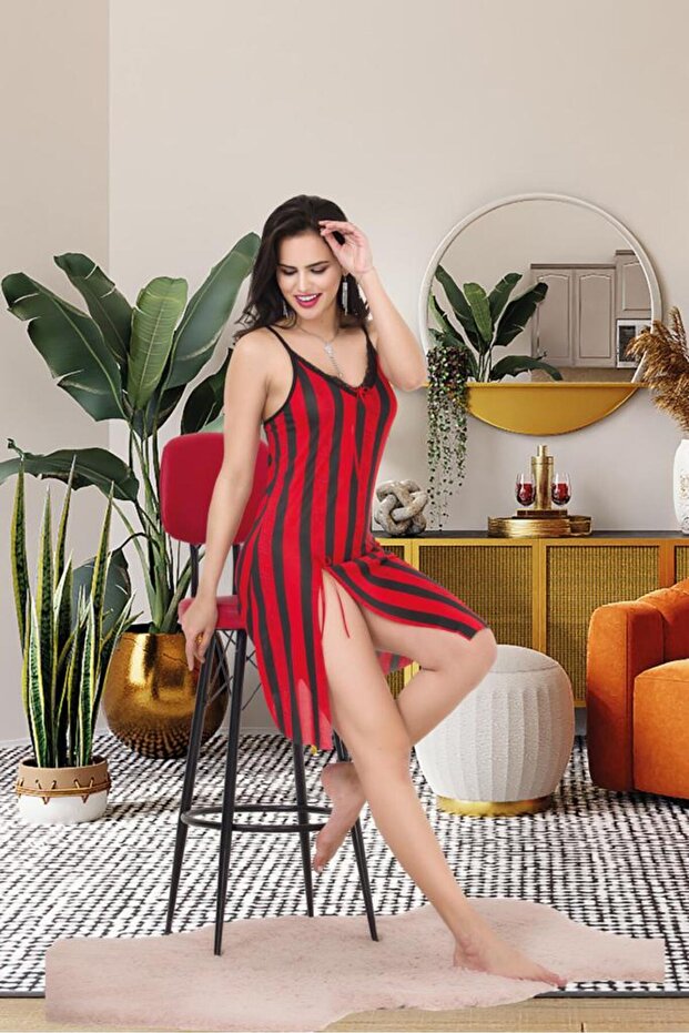 Thin strap deep slit patterned nightgown - 2