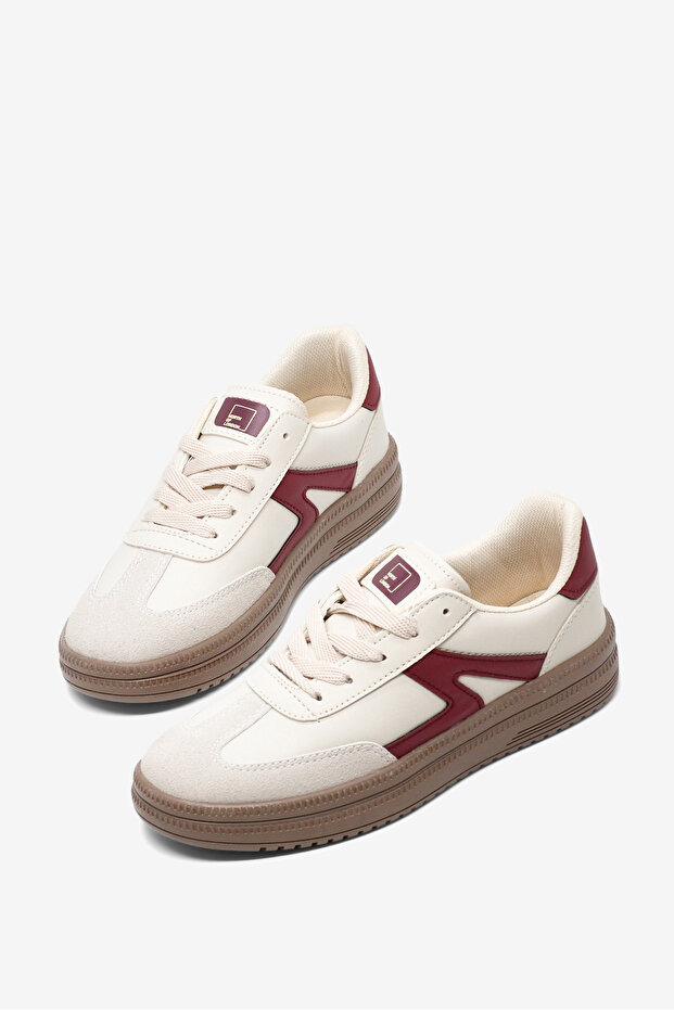 Women's Beige Claret Red Comfortable Fit Rubber Sole Lace-Up Sneaker