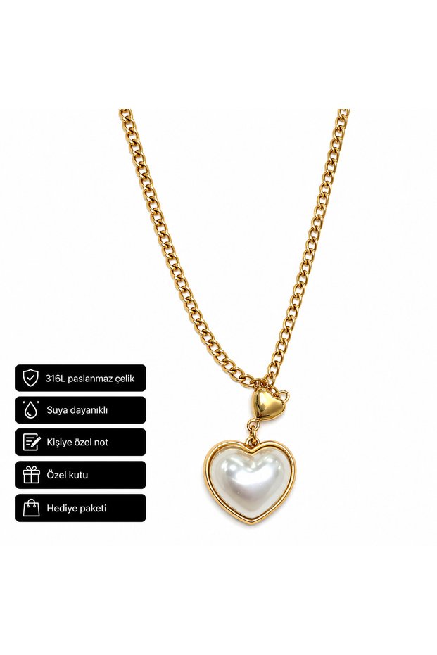 316L Stainless Steel Heart Detailed Pearl-Looking Necklace Gift
