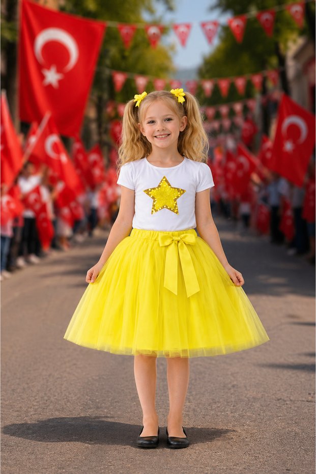 Girl's Yellow Tulle Skirt and Star Detailed T-Shirt Set – Ages 5-13
