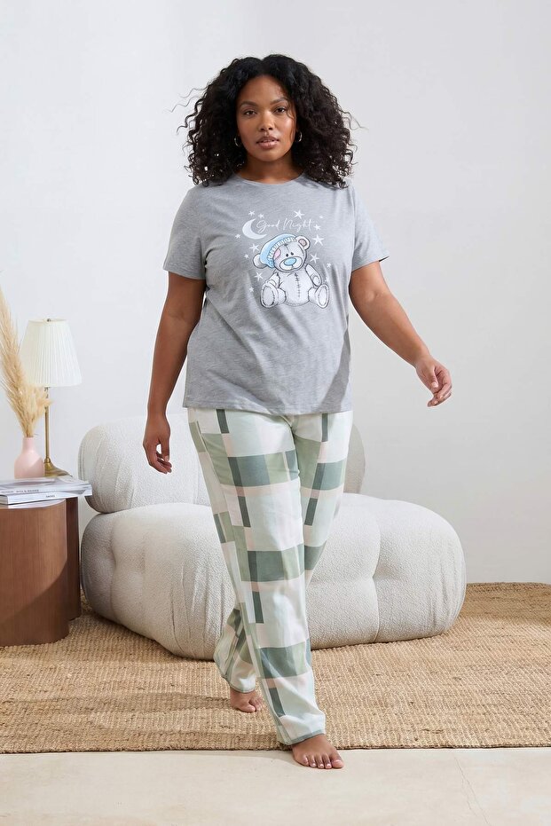 Gri Baskılı Kareli Örme Pijama Takımı TBBAW24AI00020 - 3