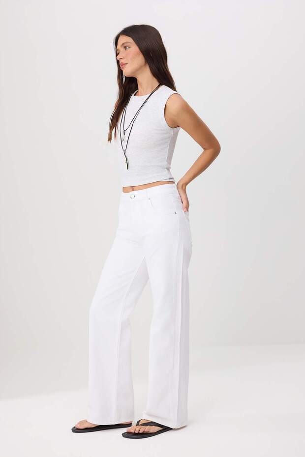 Beyaz DÖKÜMLÜ Normal Bel %100 Pamuk Uzun Boy Wide Leg Jeans TWOSS26JE00135 - 1