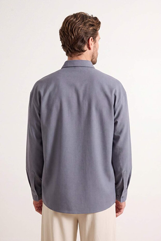 Gri Keten Dokulu Uzun Kollu Yarı Oversize Erkek Gömlek TMNSS26GO00036 - 4