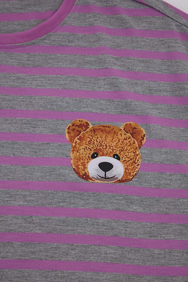Gri-Çok Renkli Ayıcık Baskılı Çizgili Örme Büyük Beden Pijama Takımı TBBSS26AI00084 - 5