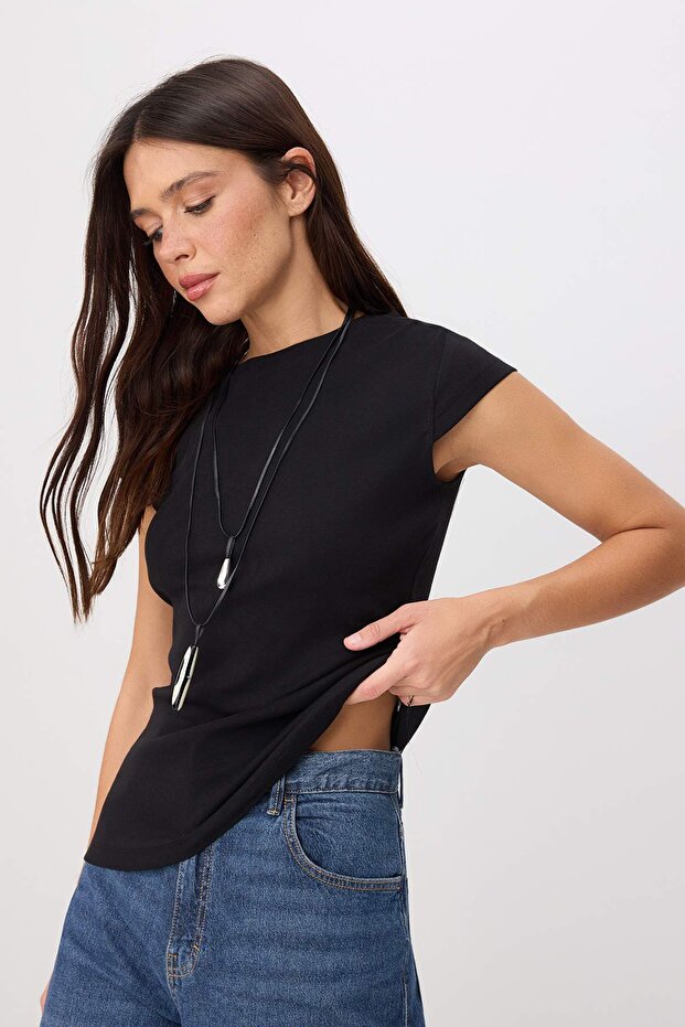 Black Regular/Normal Fit Short Sleeve Knitted Crop/Short Cotton Rib Knit T-Shirt Twoss26Ts00299