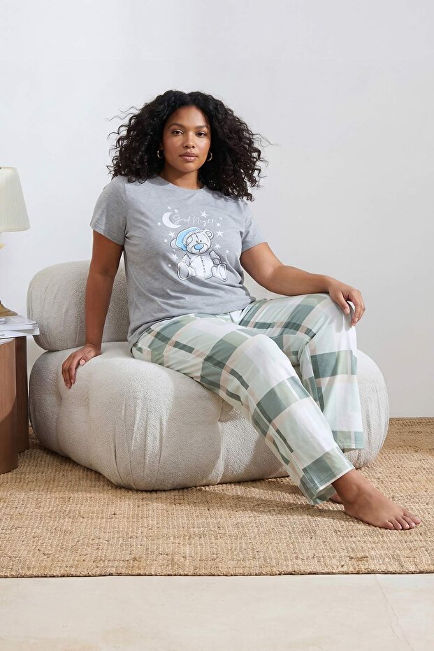 Gri Baskılı Kareli Örme Pijama Takımı TBBAW24AI00020 - 2