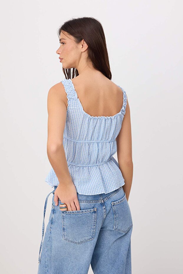 Açık Mavi Kareli Gofreli Dokuma Bluz TWOSS26BZ00492 - 4