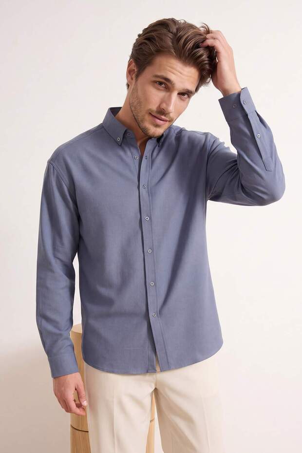 Gri Keten Dokulu Uzun Kollu Yarı Oversize Erkek Gömlek TMNSS26GO00036 - 2