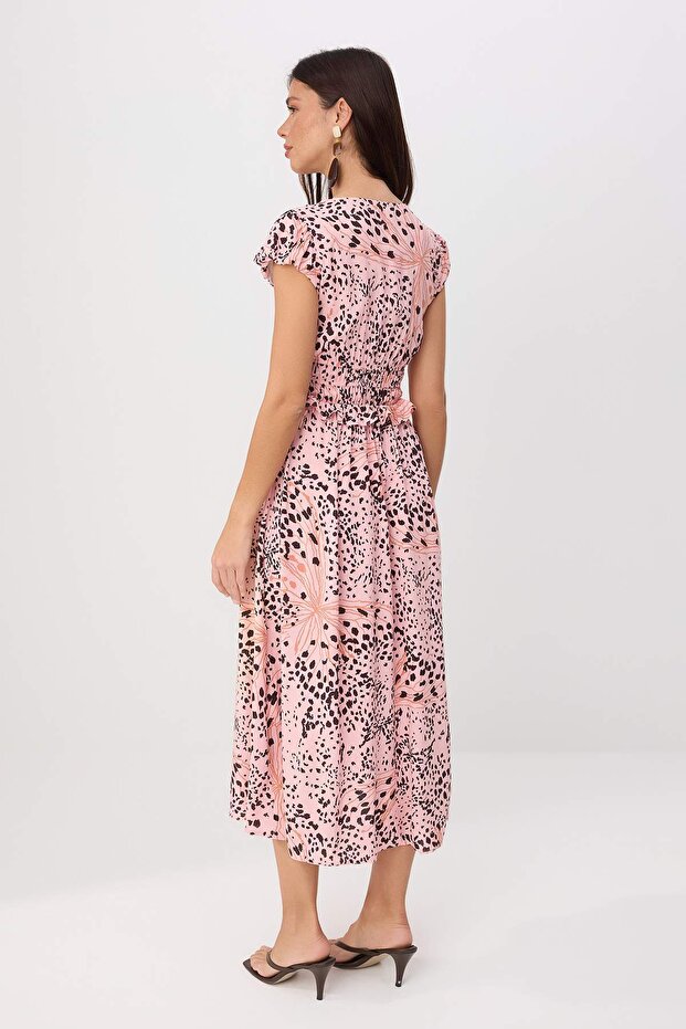 Pembe- Çok Renkli Animal Print Midi Soğuk Tuşeli Dokuma Elbise TWOSS26EL00220 - 4