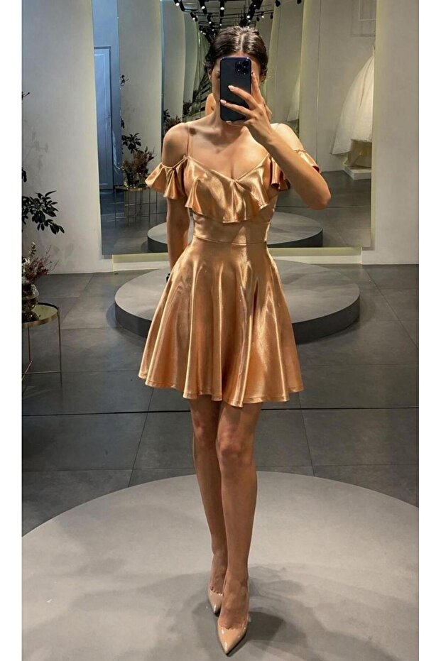 Off-Shoulder Ruffle Satin Dress 582218 Gold