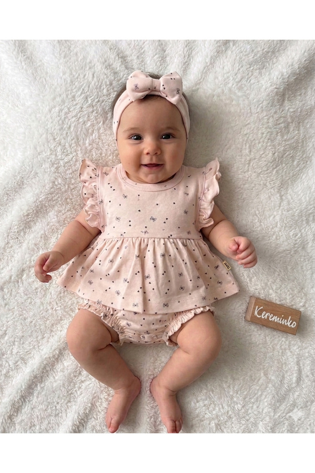 Newborn Baby Girl Pink Bow Pattern Dress Bodysuit 0-3 Months (with Bandana Gift)