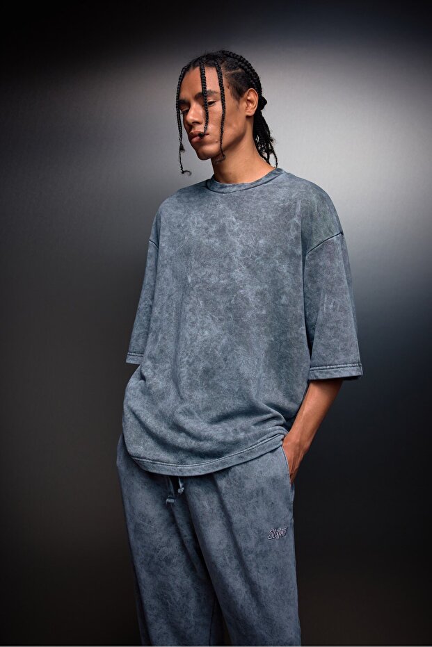 Men's Gray Oversized Washed Effect Basic Tshirt - 5