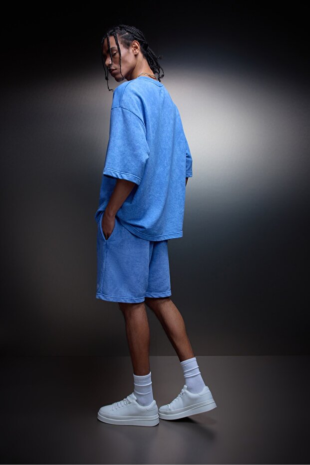 Men's Blue Oversized Wash Effect Basic Tshirt - 5
