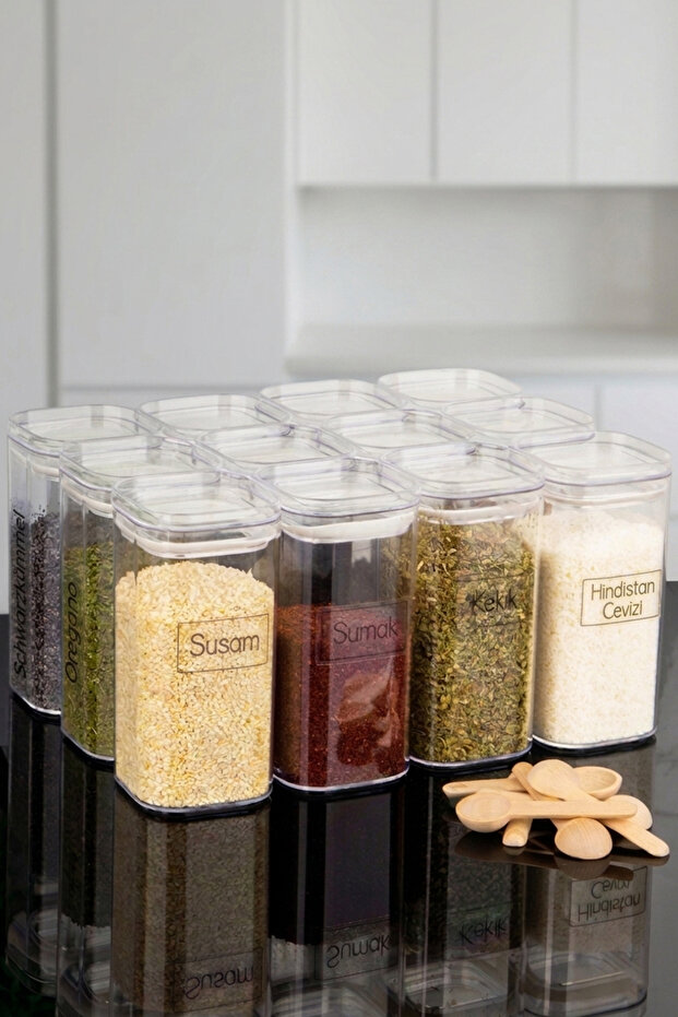 Set of 12 Mica Spice Jars with Spoon and Transparent Spice Label 300 ml Vacuum Leakproof Lid