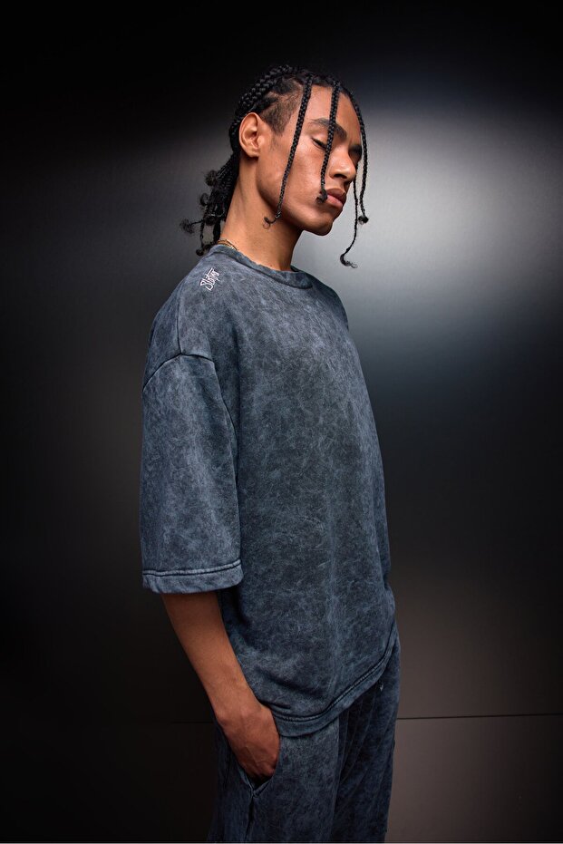 Men's Anthracite Oversized Wash Effect Basic Tshirt - 1