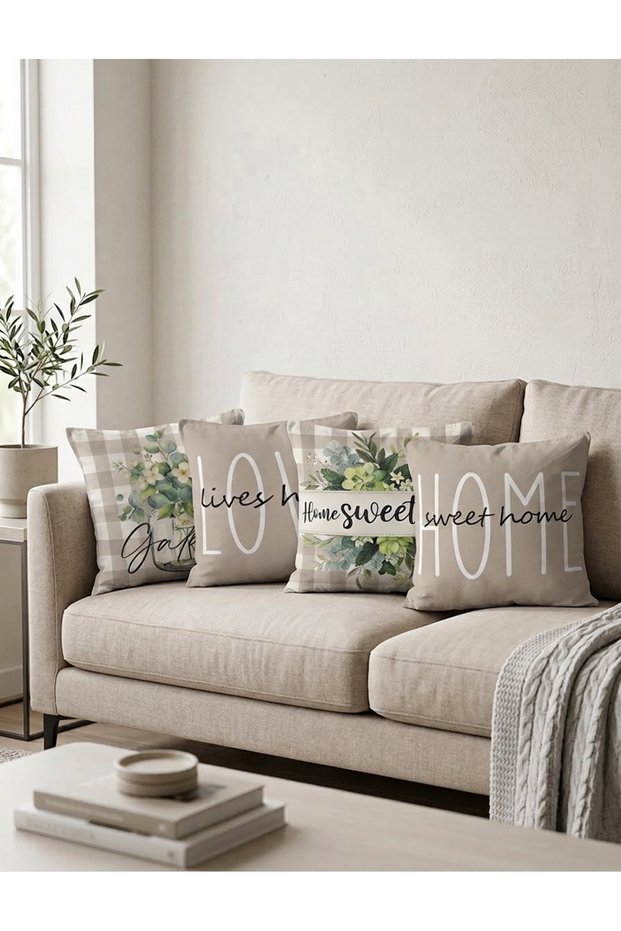 Set of 4 Beige Tone Love and Home Sweet Home Written Cushion Covers Floral Decorative Pillows
