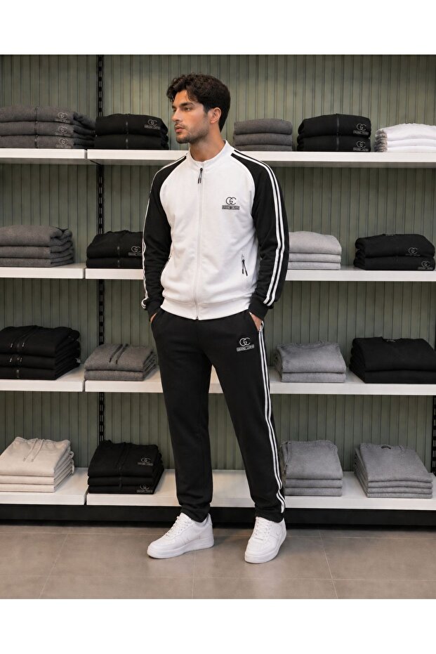 Men's 2-Yarn Jersey Fabric Wide-Leg White Black Tracksuit Set