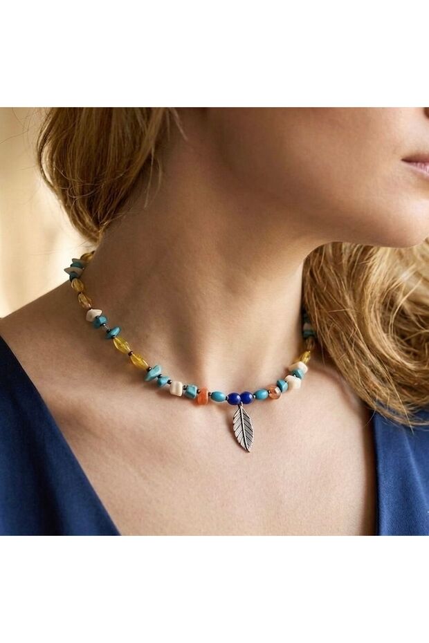 Women's Natural Stone Leaf Motif Orange Handmade Necklace Bijouterie Gift Accessory