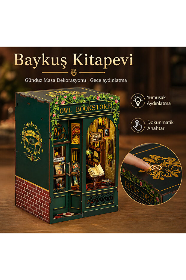 Emirgan Owl Bookstore Mini Book Nook Dıy Kit – Kendin Yap Minyatür Oyuncak Ev - LED Işıklı Hobi Seti