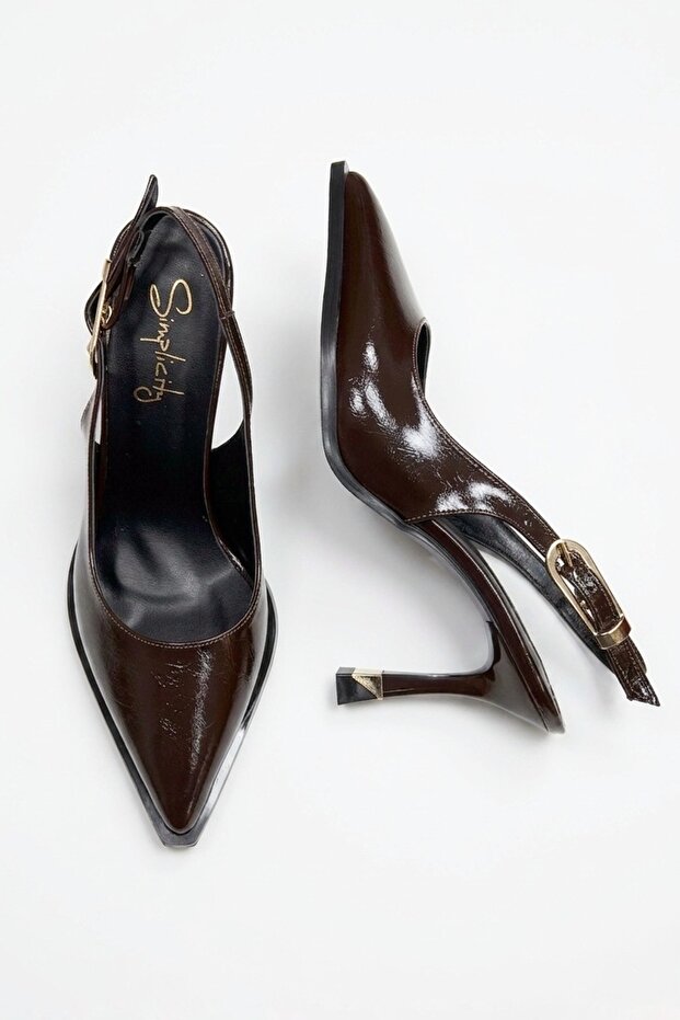 Bitter Brown Patent Leather Pointed Toe Thick Sole Open Back Gold Detailed Heeled Shoes - Stiletto