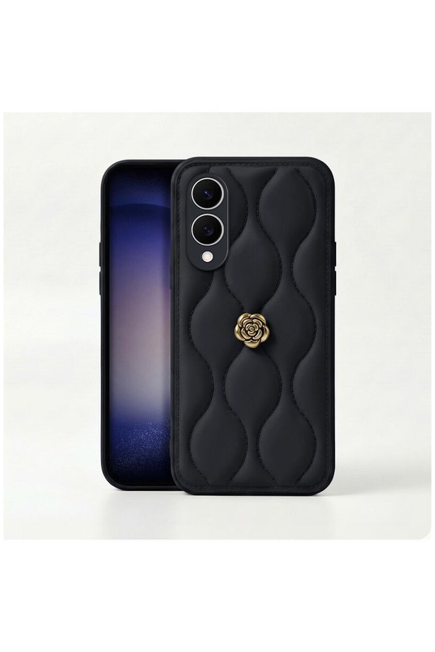 Samsung Galaxy S25 Edge Compatible Case Camellia Leather Case Black