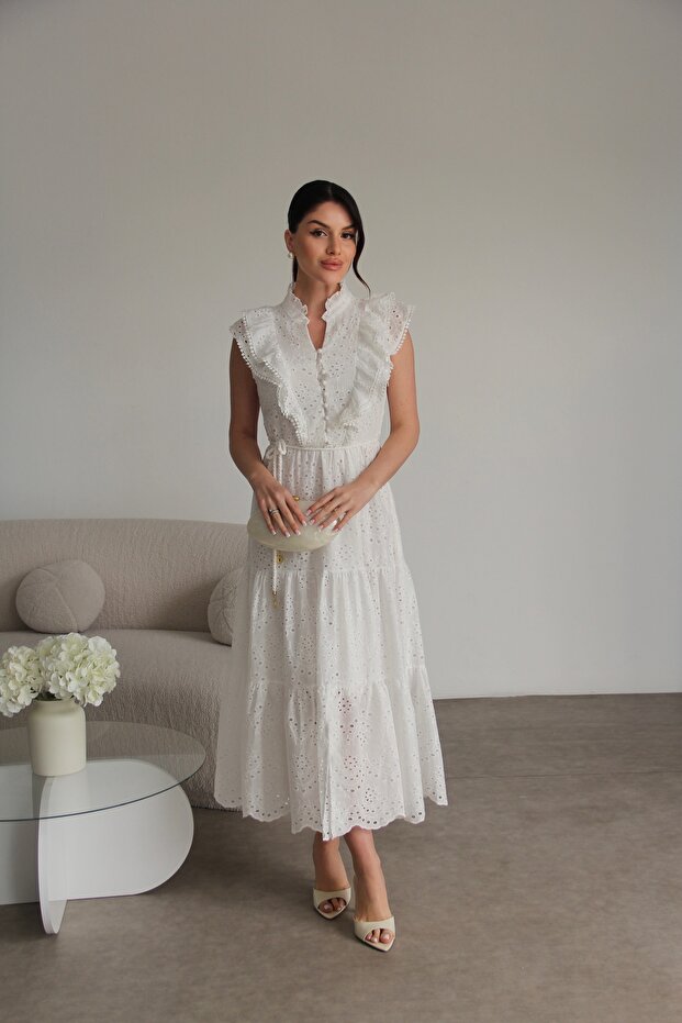High Neck Button and Thin Lace Detailed Ruffled Premium Brode Scallop Dress
