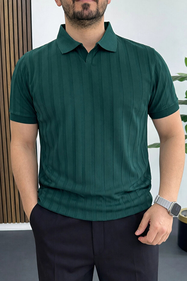 Men's Open Collar Patterned T-Shirt Green Edw453