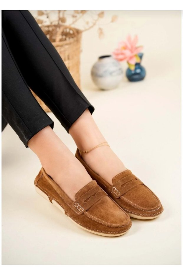 Tan Suede Genuine Leather Women's Loafer Shoes Ballet Casual Shoes