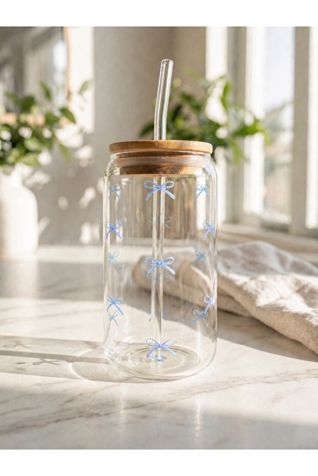Glass with Straw Waterproof Bow Printed Gift Coffee Glass Water Glass Coke Glass