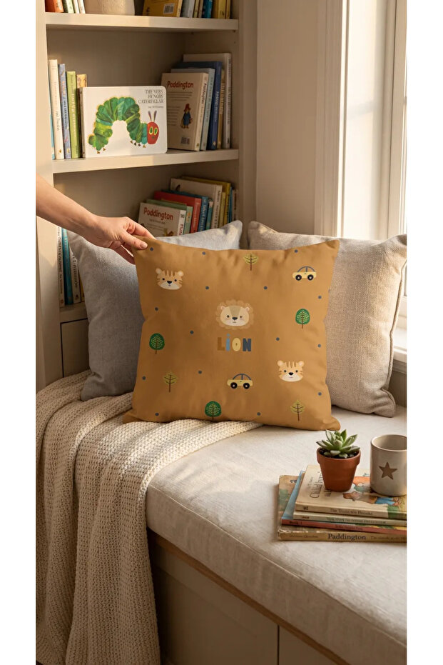 Lion and Forest Patterned Children's Room 3-Piece Throw Pillow Cover Tlakr-011