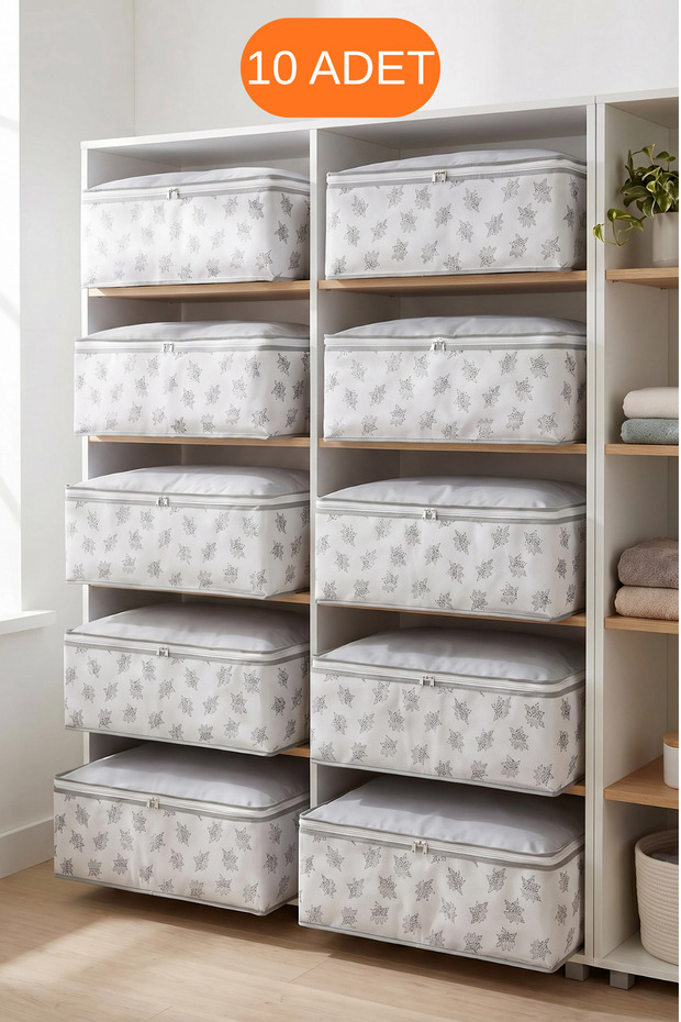 EVSELLA 10’lu Çiçek Desenli Çizgili Beyaz Baza Altı Çekyat Hurç Organizer 60×40×22 cm