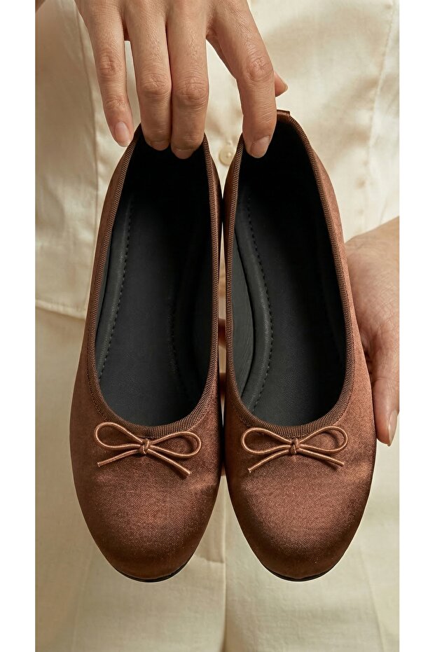 Women's Brown Satin Bowknot Stylish Ballerinas 1cm Byndstnb01