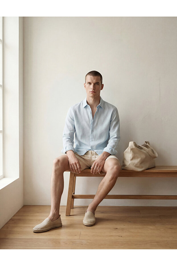 Regular Fit Button-Down Collar Long Sleeve Linen Shirt