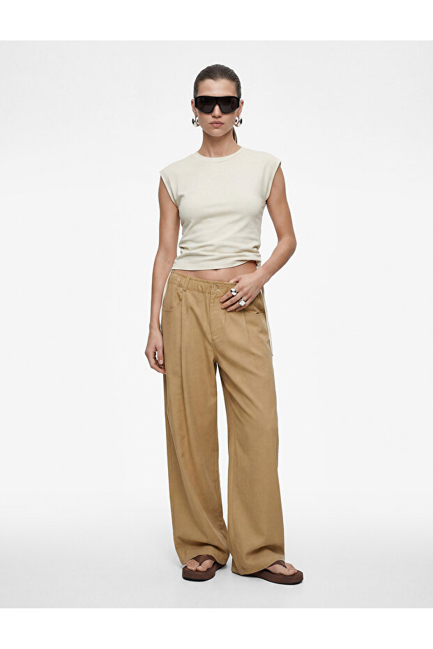 Modal Fabric Elastic Waist Pocketed Straight Wide Leg Baggy Trousers