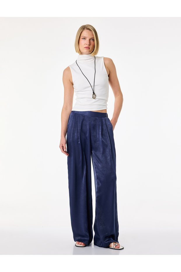 Regular Waist Pleated Wide Leg Satin Trousers with Pocket Detail