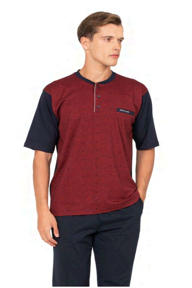 6132 Men's Short Sleeve Buttoned Collar 3-Piece Pajama Set-Burgundy