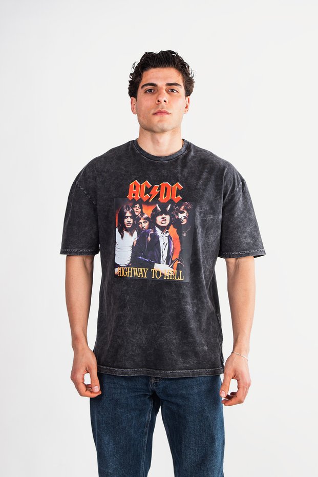 Ac/Dc Printed Oversize Unisex Washable Black T-Shirt