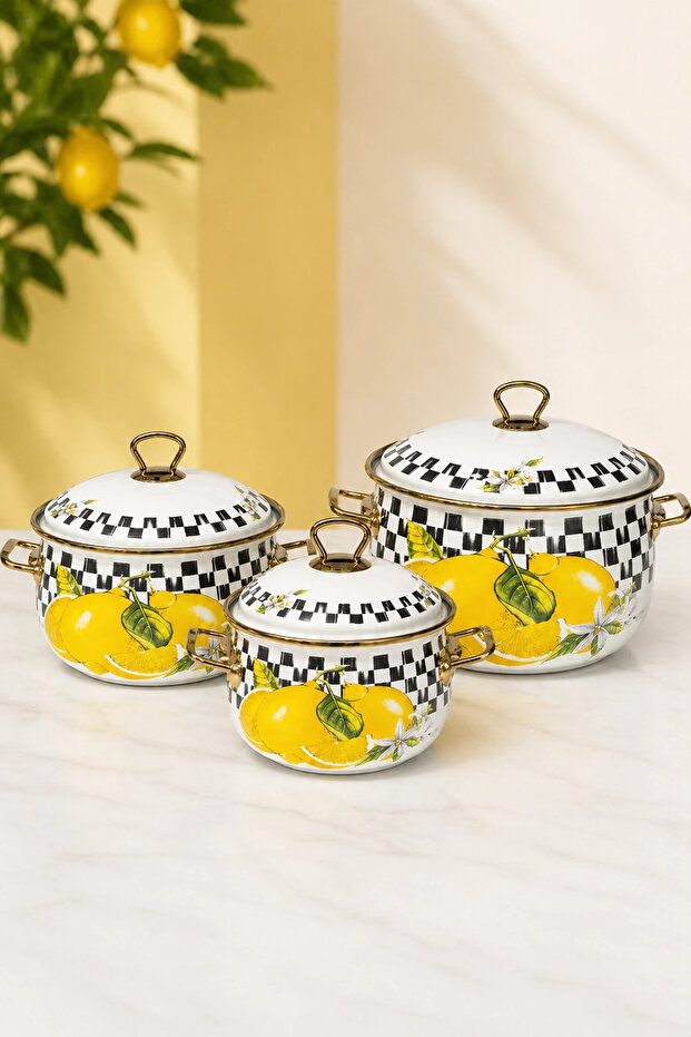Limon Deep Curved Enamel Pot Set 16-20-24 cm