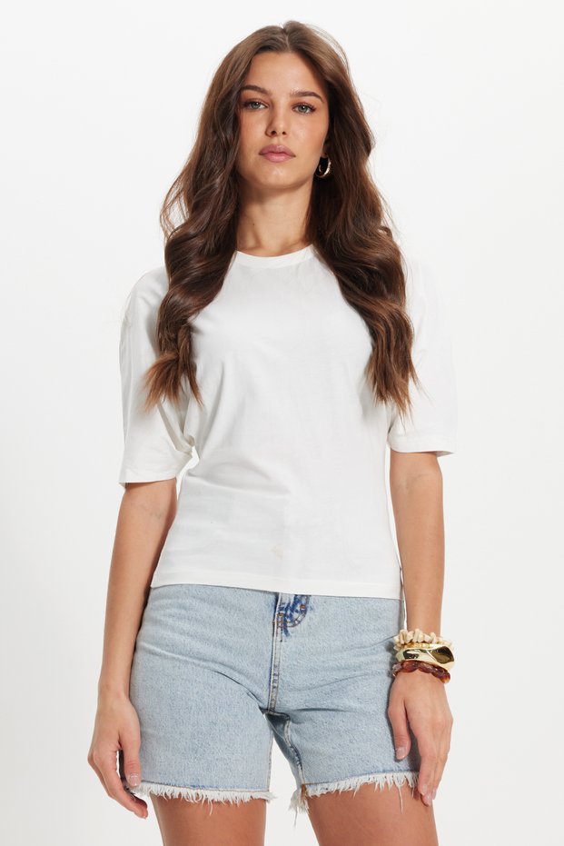 Women's Oversize Wide Cut 100% Cotton Crew Neck Bat Sleeve Ecru T-Shirt Blouse