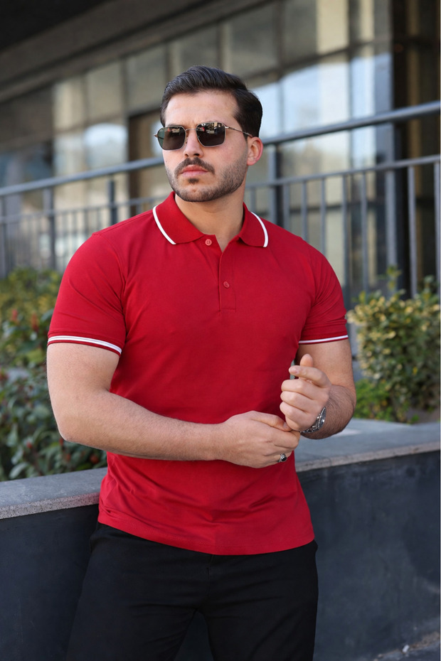 Men's Casual Striped Cotton Red Polo Collar T-Shirt